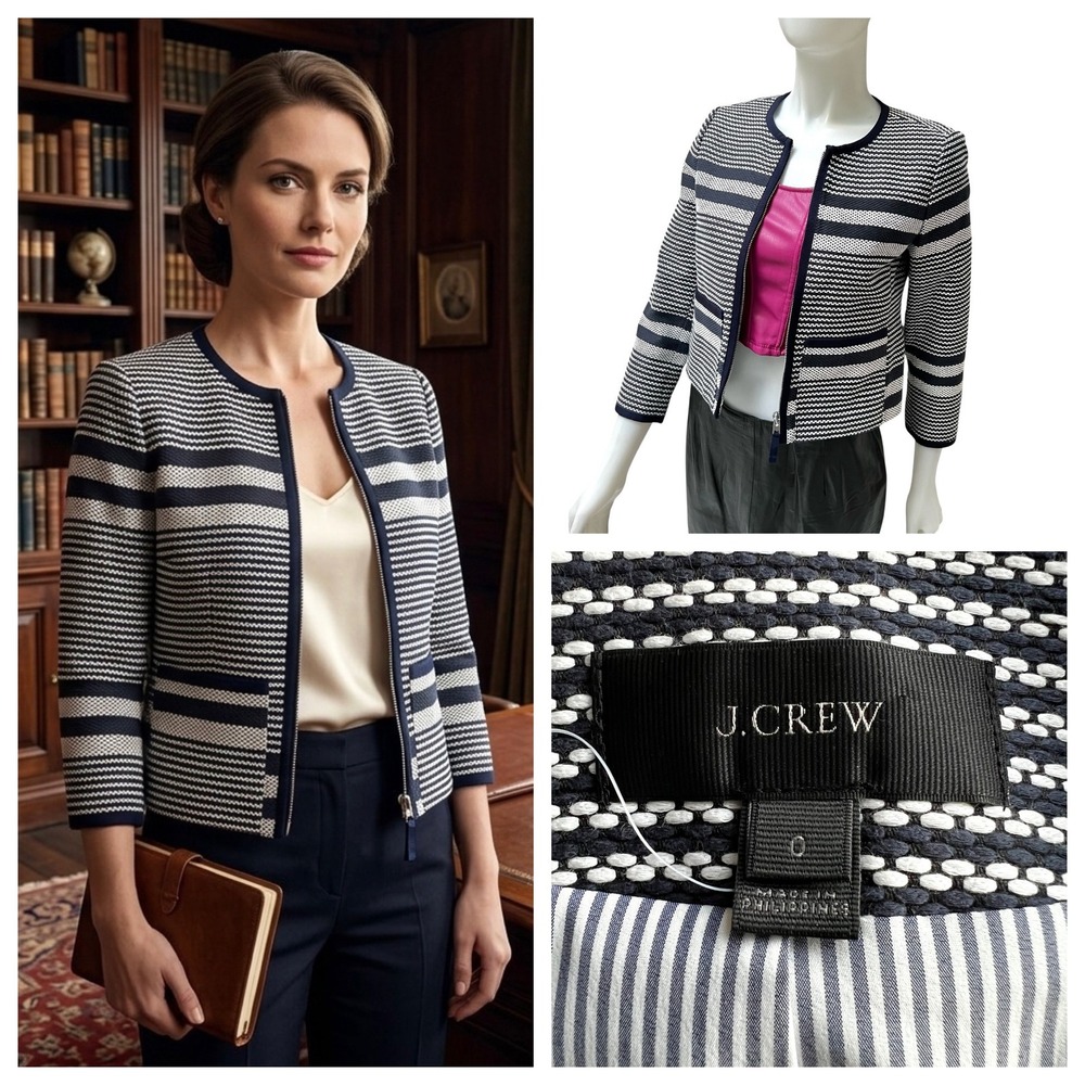 J. Crew Textured Striped Cropped Jacket Black White Tweed Old Money Preppy Sz 0